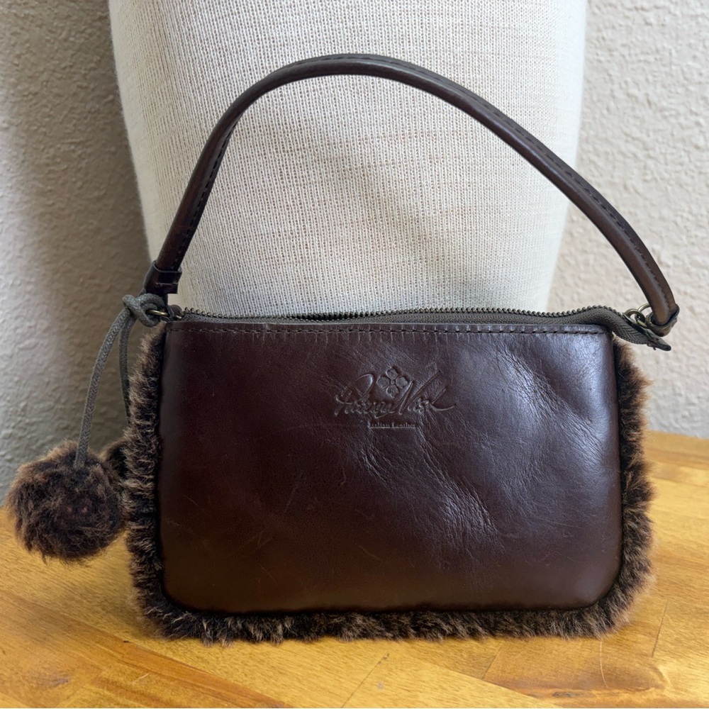 Patricia Nash Brown Leather Faux Fur Trim Mini Bag Pouch Pom Pom
